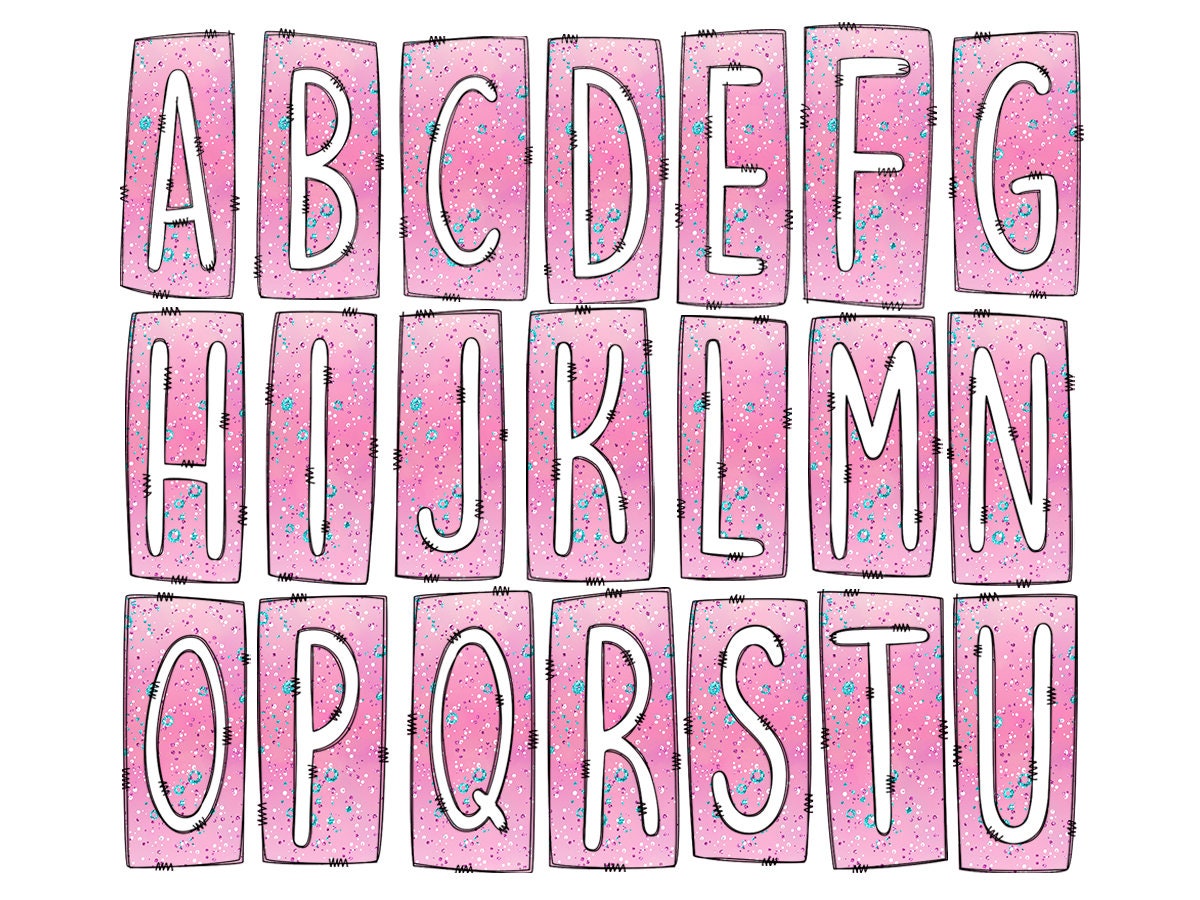 Ombre Pink Box Doodle Letters, Western Hand Drawn Doodle Alphabet Set, Sublimation Designs PNG - 1206