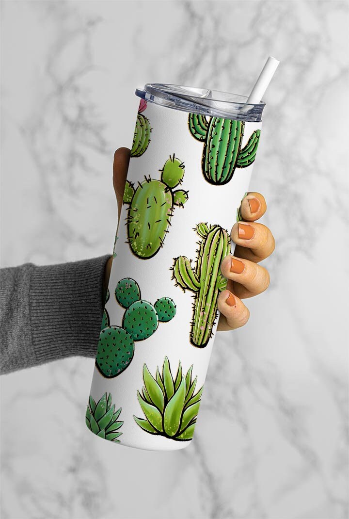 Cactus On White Background, Cactuses Pattern, Cactus 20oz Tumbler Wrap, Seamless Skinny Tumbler, Sublimation Design PNG - 2040