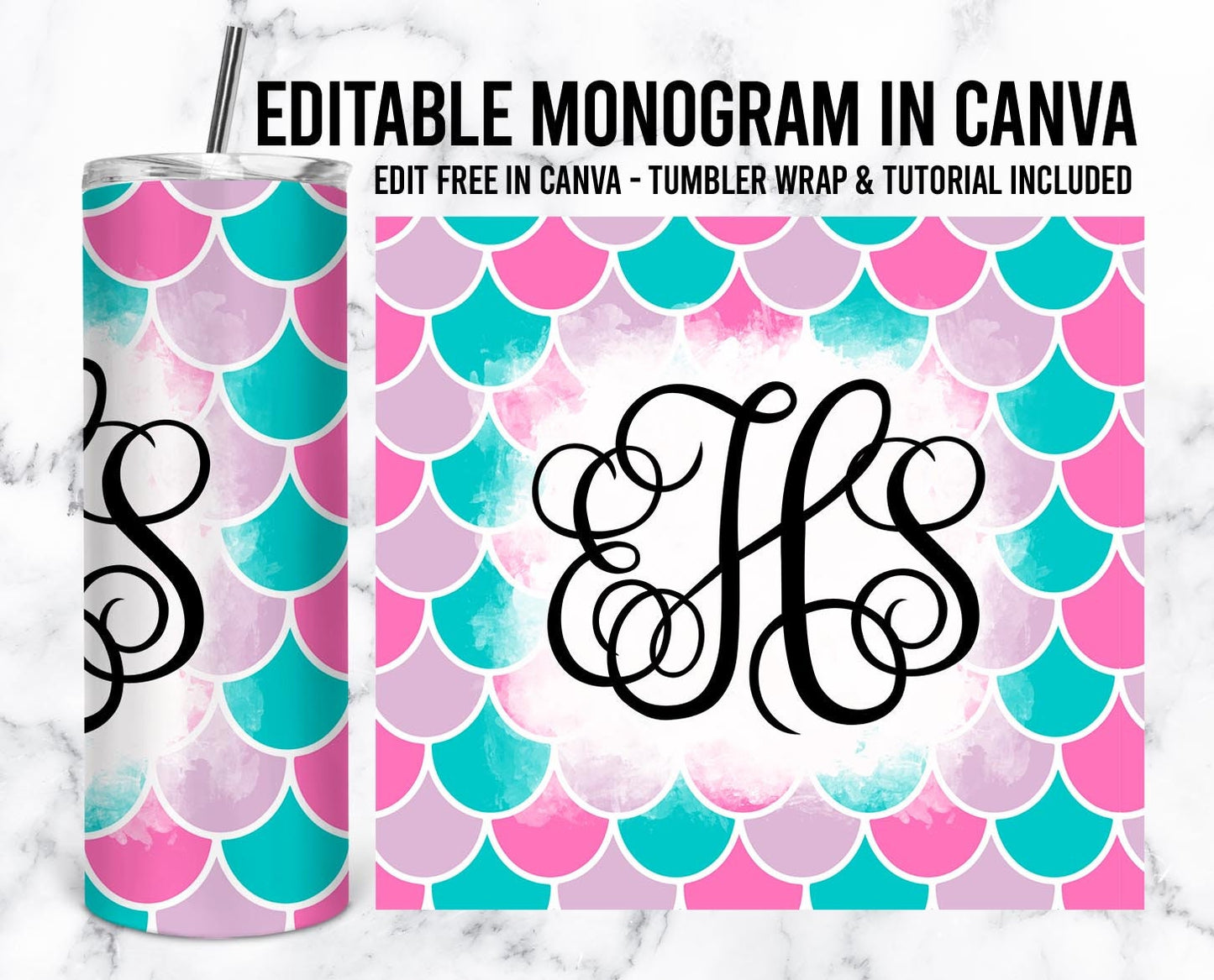 EDITABLE Mermaid Monogram 20oz Straight Tumbler Wrap Designs, Make Your Own Custom Peronalized Design, Easy Canva Tempalte