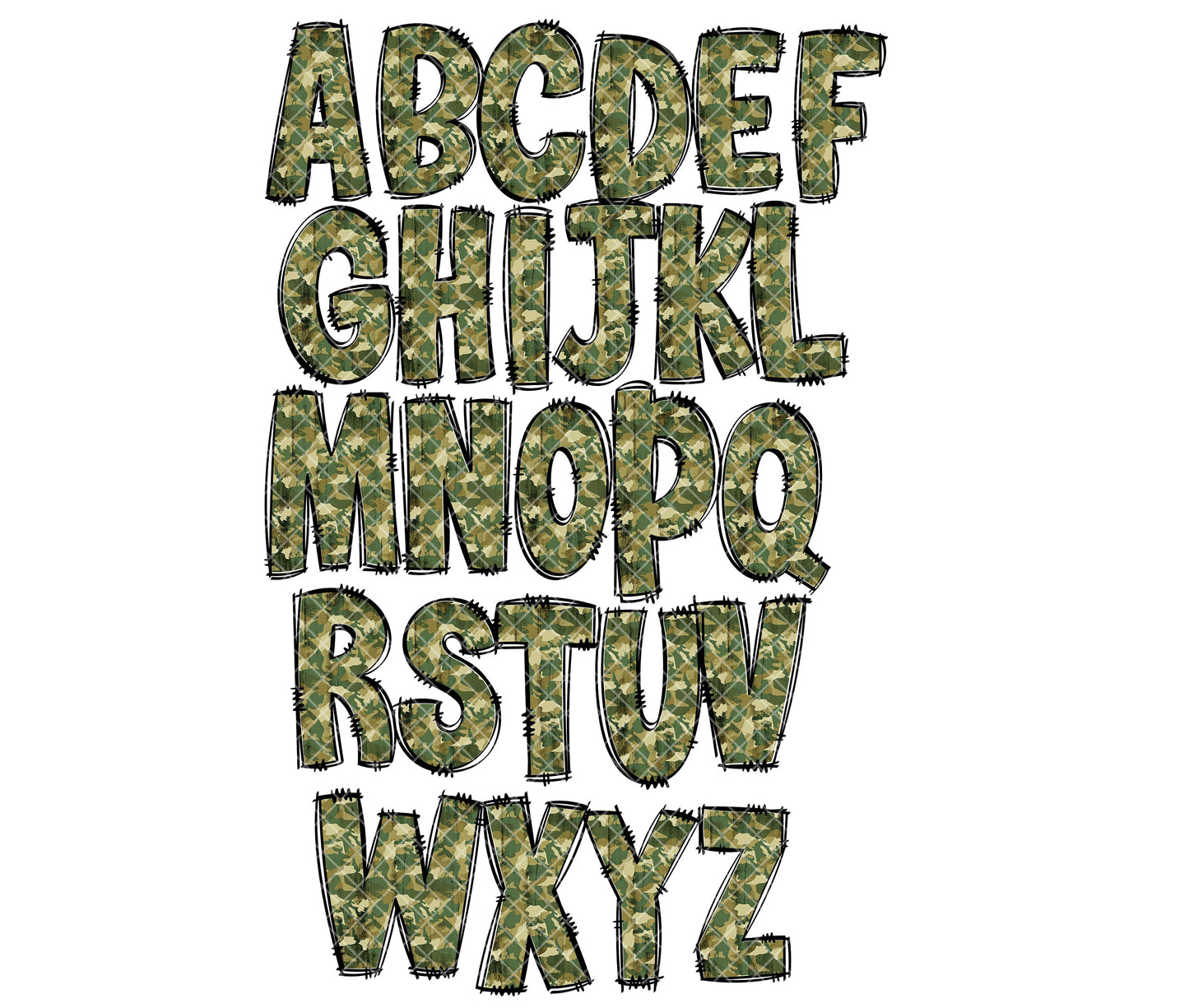 Camo Doodle letters, Hand Drawn Doodle Alpha Bundle Patterned Numbers & Alphabet Doodle Set Sublimation Font PNG