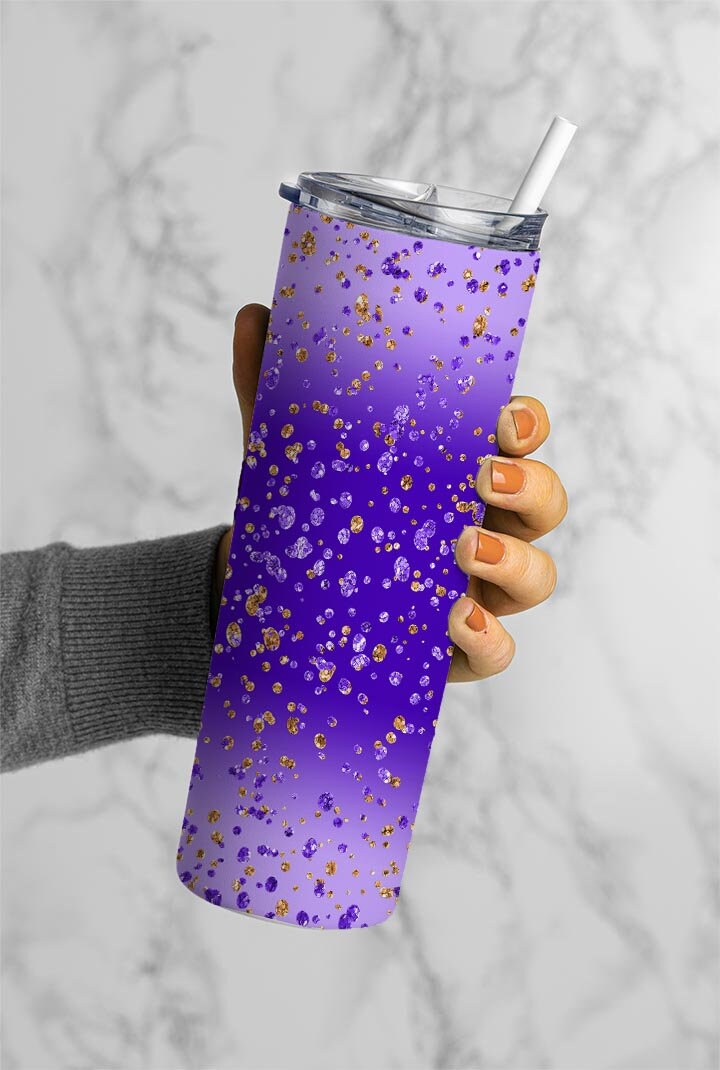 Gold Dots, Gold Glitter Pattern, Gradient Purple 20oz Tumbler Wrap, Seamless Skinny Tumbler, Sublimation Design PNG - 1825