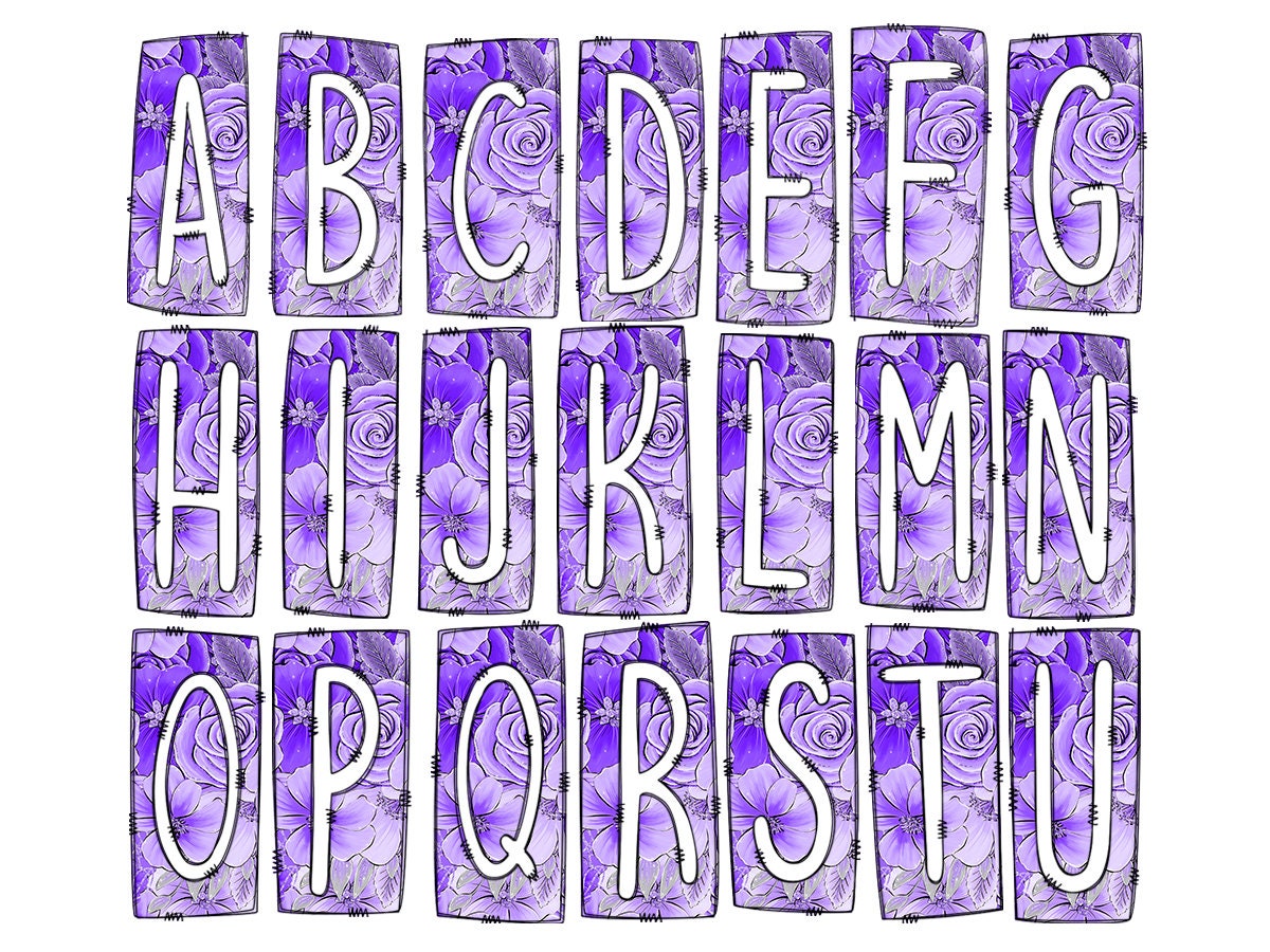 Purple Flowers Floral Box Doodle Letters, Western Hand Drawn Doodle Alphabet Set, Sublimation Designs PNG - 2191