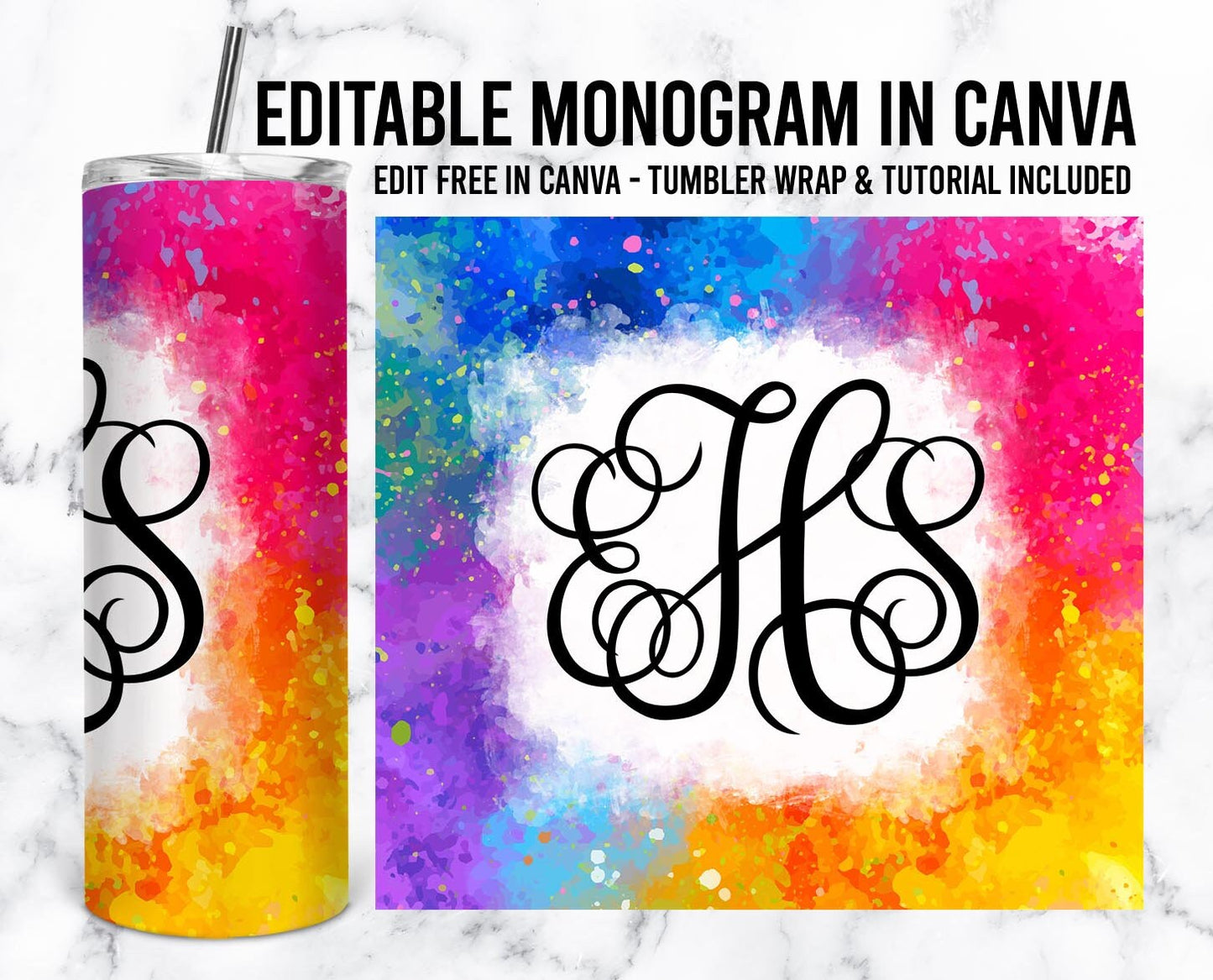 EDITABLE Rainbow Monogram 20oz Straight Tumbler Wrap Designs, Make Your Own Custom Peronalized Design, Easy Canva Tempalte