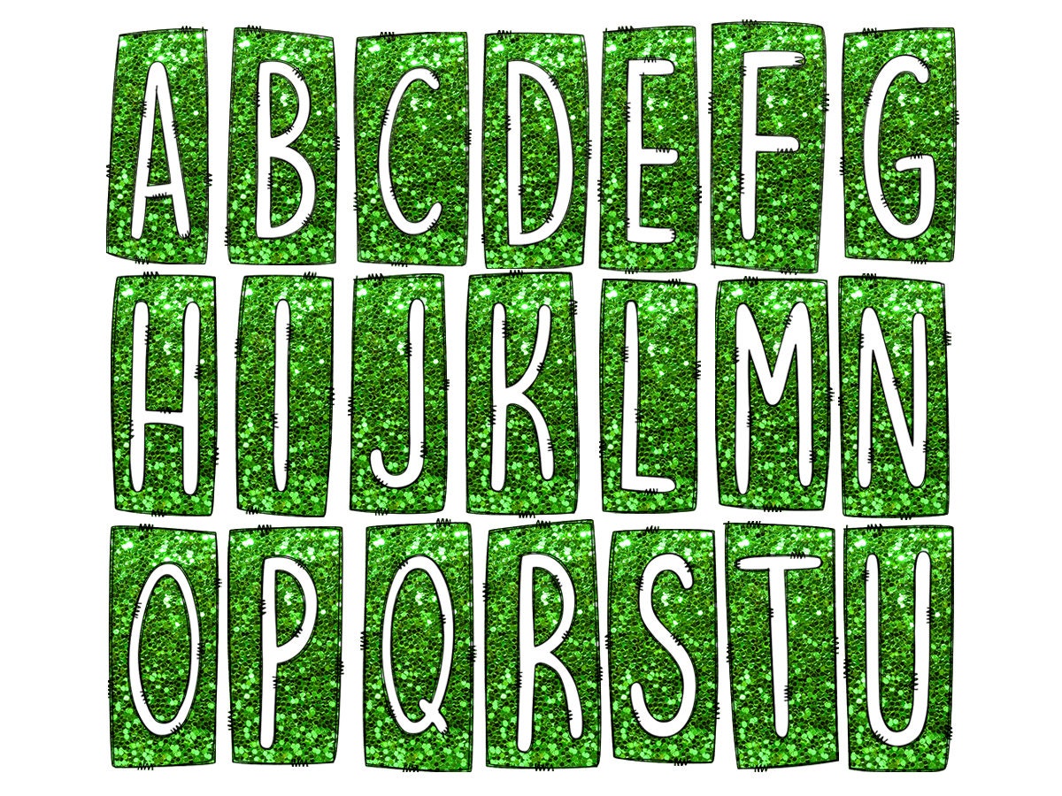 Green Glitter Box Doodle Letters, Western Hand Drawn Doodle Alphabet Set, Sublimation Designs PNG - 182 PATTERN