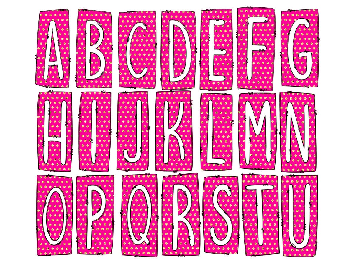 Pink Polka Box Doodle Letters, Western Hand Drawn Doodle Alphabet Set, Sublimation Designs PNG - 2054