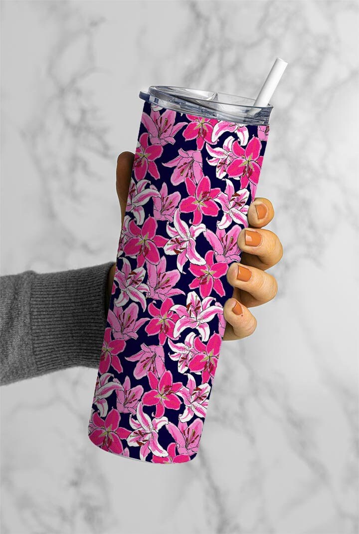 Pink Flowers Pattern 20oz Tumbler Wrap, Seamless Skinny Tumbler, Sublimation Design PNG - 359