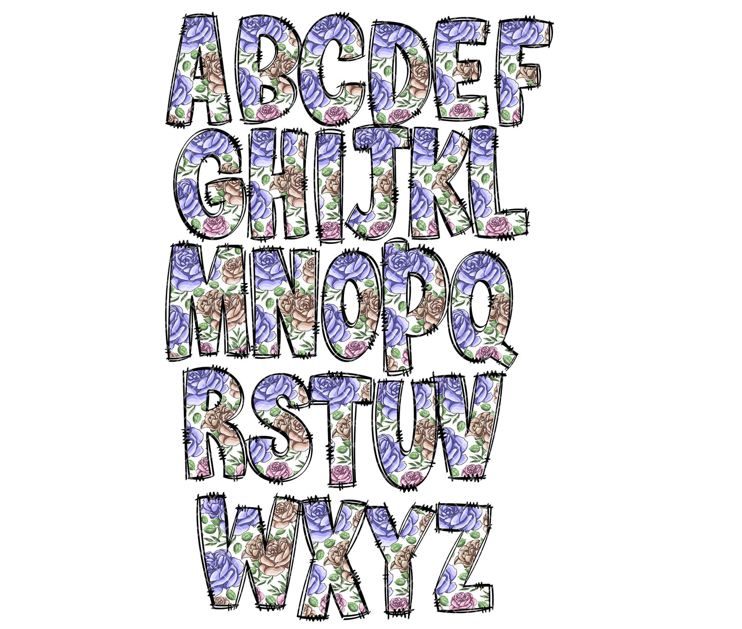 Purple Flowers Hand Drawn Doodle letters, Hand Drawn Doodle Alpha Bundle, Sublimation Font PNG, Patterned Numbers & Alphabet,