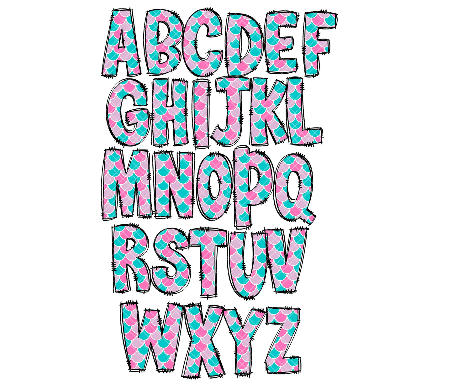 Mermaid Doodle letters, Hand Drawn Doodle Alpha Bundle Patterned Numbers & Alphabet Doodle Set Sublimation Font PNG