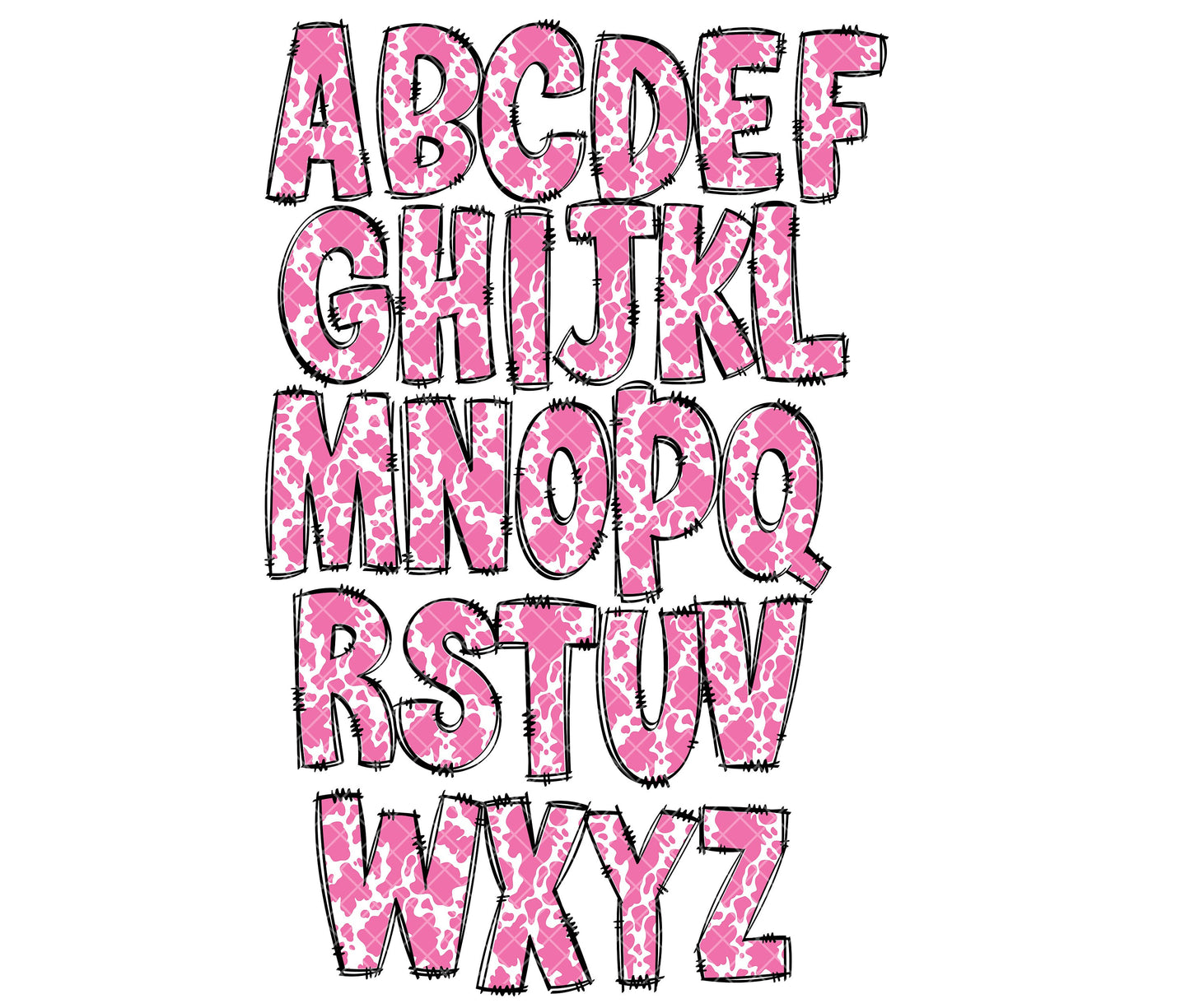 Pink Cow Strawberry Cow Print Doodle letters, Hand Drawn Doodle Alpha Bundle, Sublimation Font PNG, Patterned Numbers & Alphabet, 67 PATTERN