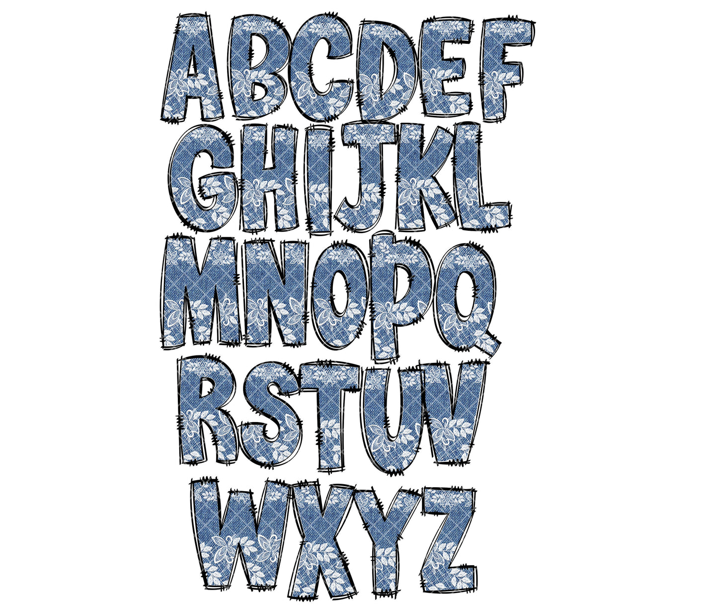 Denim Lace Doodle letters, Hand Drawn Doodle Alpha Bundle Patterned Numbers & Alphabet Doodle Set Sublimation Font PNG