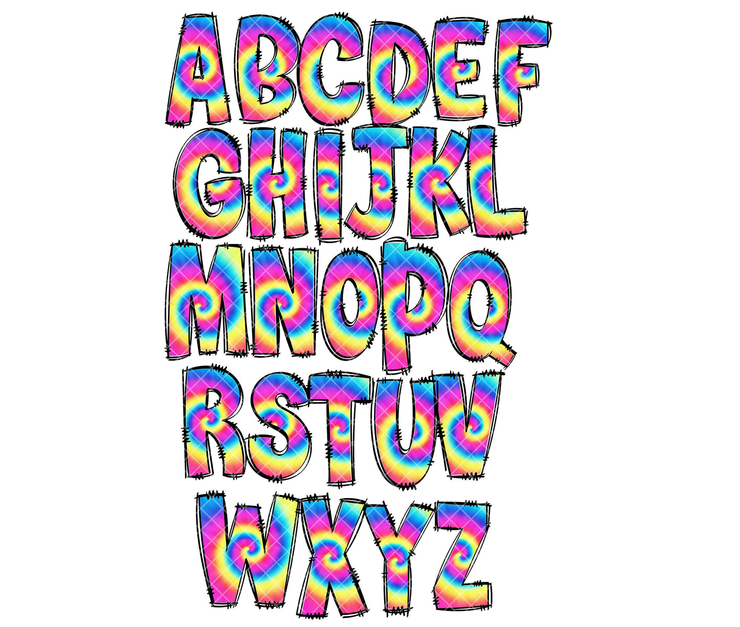 Rainbow Tie Dye Doodle letters, Hand Drawn Doodle Alpha Bundle Patterned Numbers & Alphabet Doodle Set Sublimation Font PNG