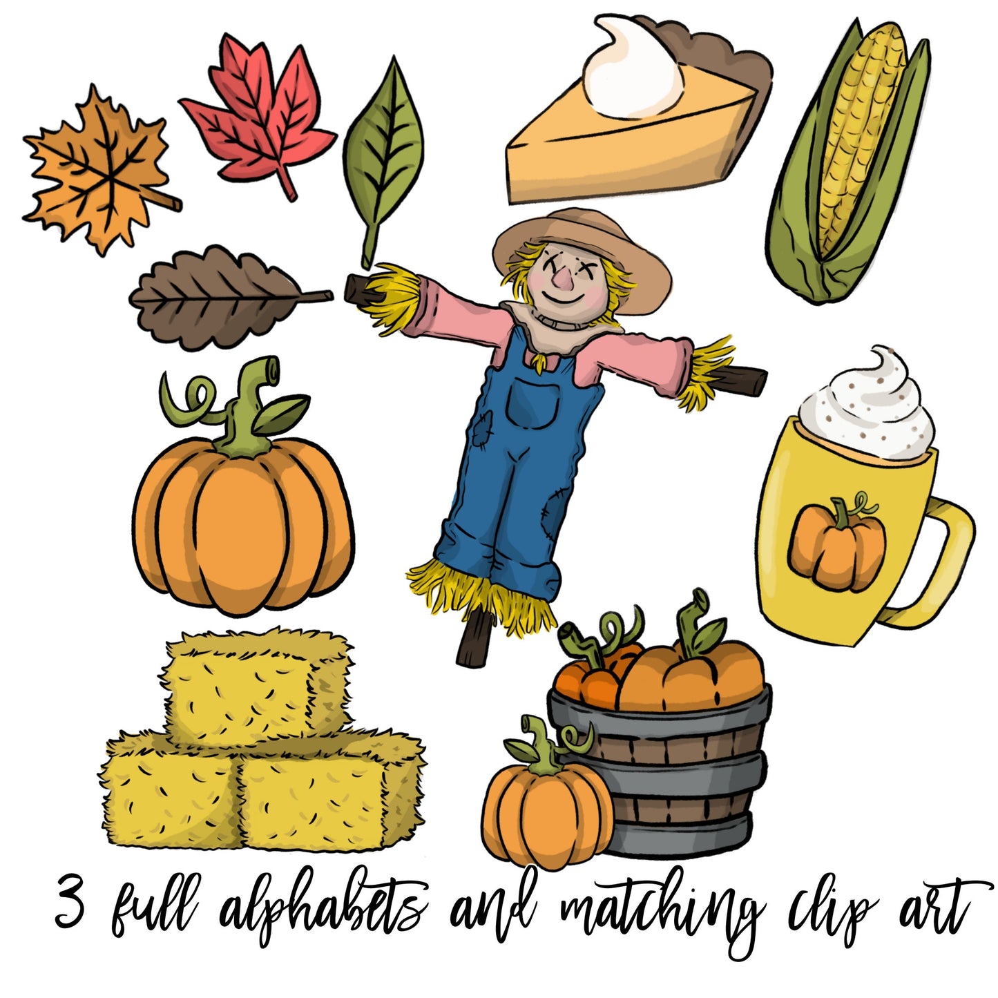 Fall Doodle letters with Clip Art, Hand Drawn Doodle Alpha Bundle, LEOPARD Leaves Pumpkin Spice Latte Sublimation Font, Numbers Alphabet PNG