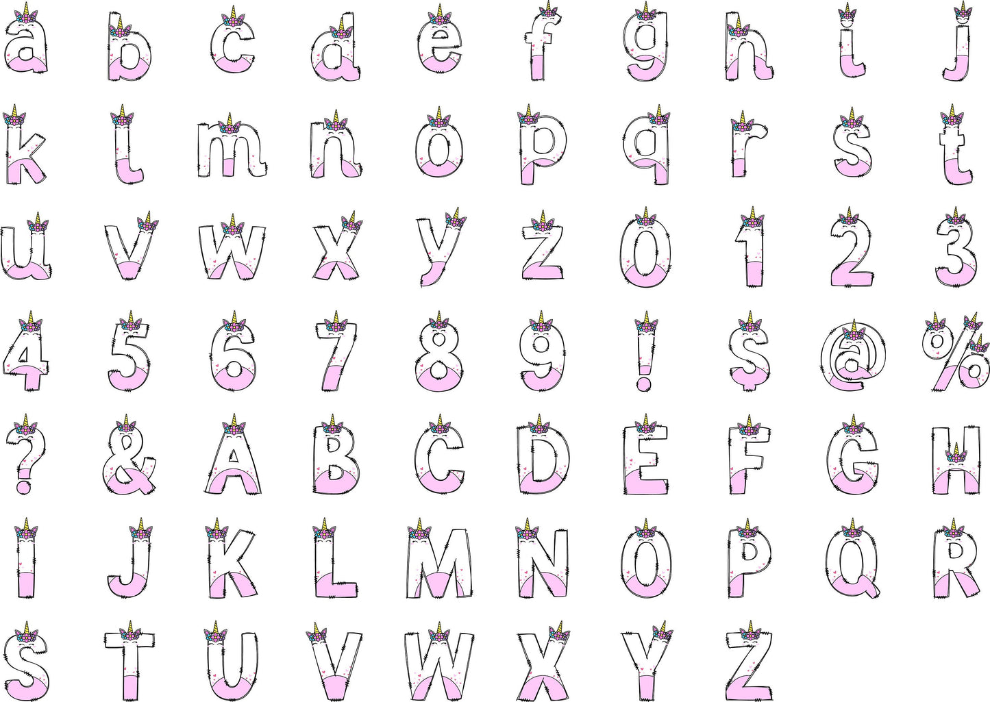 Unicor Alphabet Letters PNG Bundle, Unicorn Doodle Letters, Hand Drawn Alphabet Doodle, Sublimation Girls Alpha Set Designs PNG