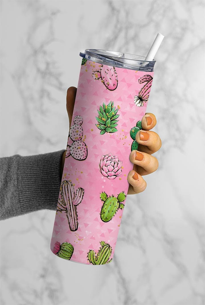 Cactus On Pink Background 20oz Tumbler Wrap, Seamless Skinny Tumbler, Sublimation Design PNG - 182