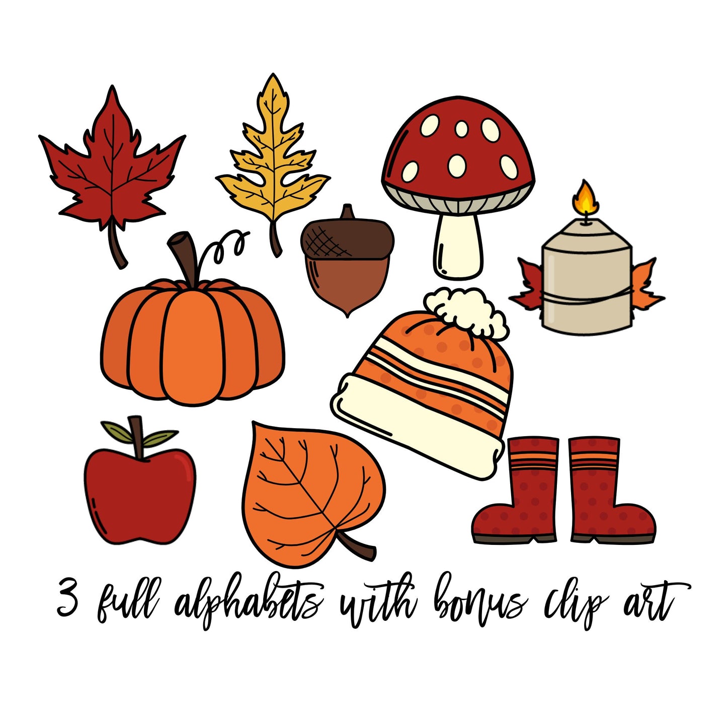 Fall Doodle letters with Clip Art, Hand Drawn Doodle Alpha Bundle, Autumn Leaves Pumpkin Sublimation Font PNG, Patterned Numbers Alphabet,