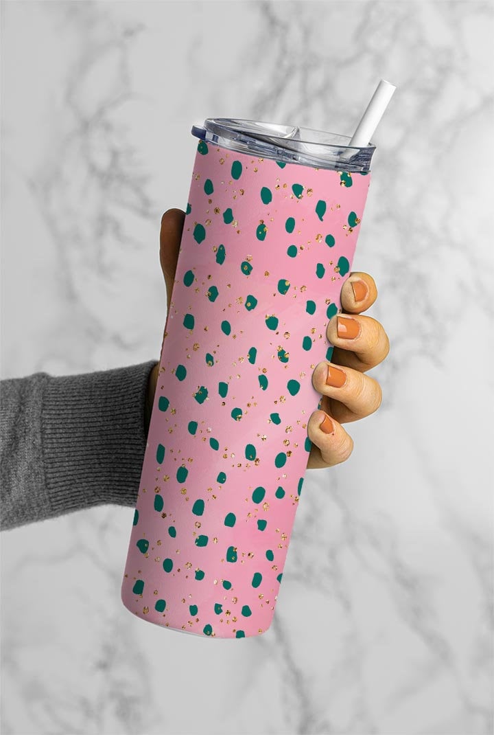 Dark Green Dots On Pink Background, Gold Glitter, Pink Background 20oz Tumbler Wrap, Seamless Skinny Tumbler, Sublimation Design PNG - 1409