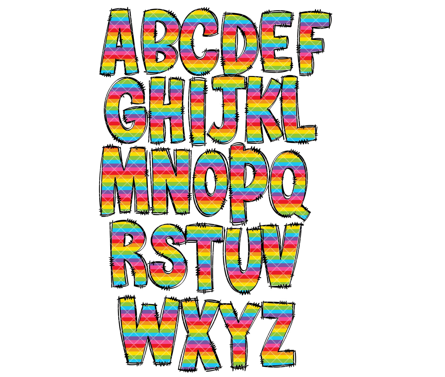 Rainbow Stripes Doodle letters, Hand Drawn Doodle Alpha Bundle Patterned Numbers & Alphabet Doodle Set Sublimation Font PNG