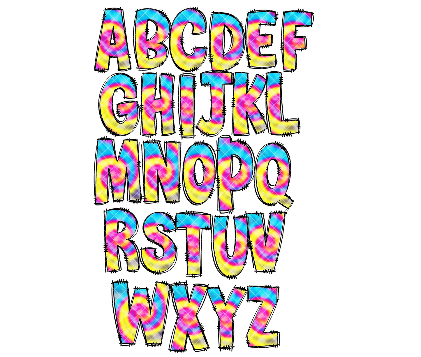 Tie Dye Doodle letters, Rainbow Bright Hand Drawn Doodle Alpha Bundle, Sublimation Font PNG, Patterned Numbers & Alphabet,