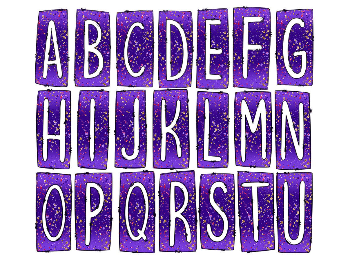 Purple Glitter Box Doodle Letters, Western Hand Drawn Doodle Alphabet Set, Sublimation Designs PNG - 832