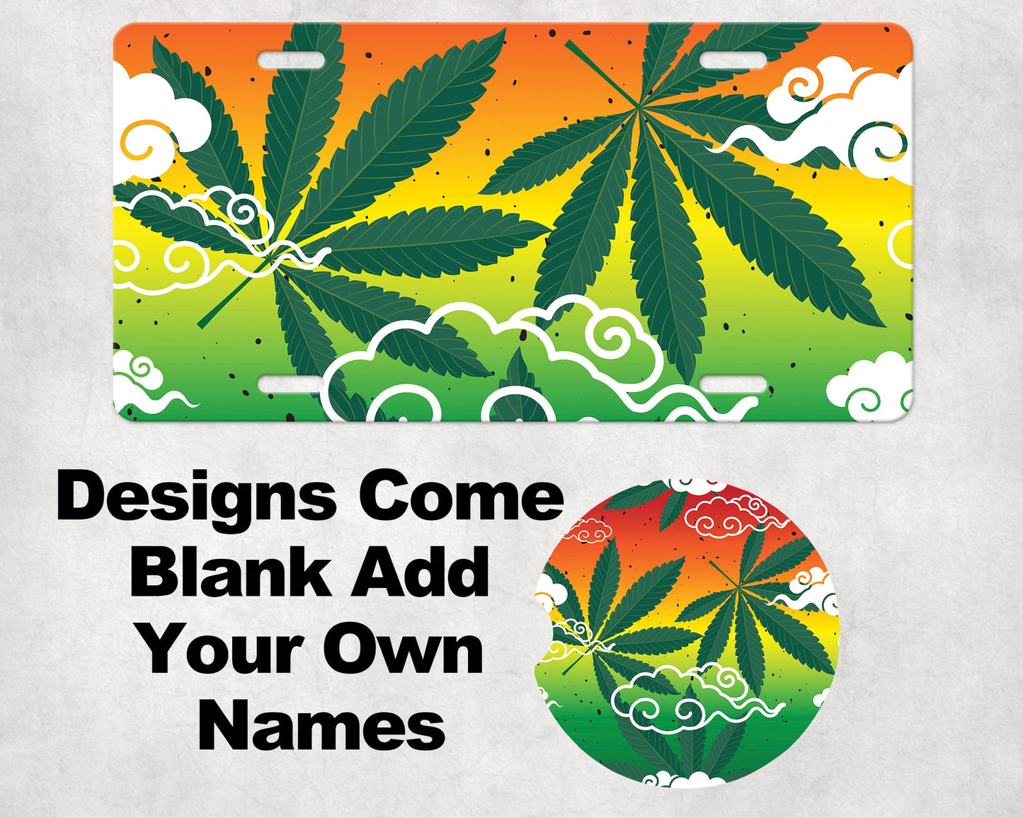 Weed Add Your Name Car Sublimation Designs, Car Coaster Bundle PNG, Licence Plate Holder Frames, Key Fob Wristlet Keychain Rasta Marijuana