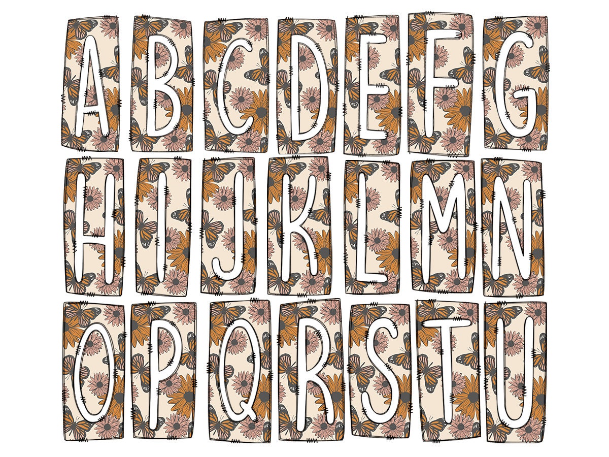 Retro Butterfly Box Doodle Letters, Western Hand Drawn Doodle Alphabet Set, Sublimation Designs PNG - 71 PATTERN