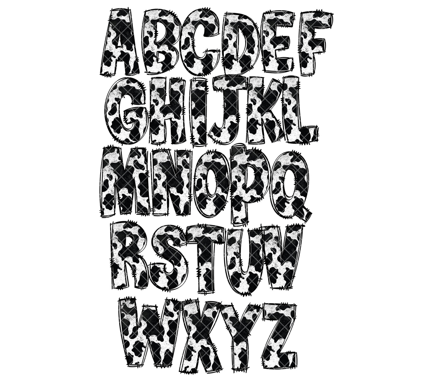 Cow Hide Doodle Letters, Cow Print PNG Doodle letters, Hand Drawn Doodle Alpha Bundle, Sublimation Font PNG, Patterned Numbers & Alphabet