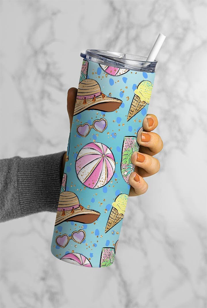 Summer Vacation, Beach Summer 20oz Tumbler Wrap, Seamless Skinny Tumbler, Sublimation Design PNG - 1291