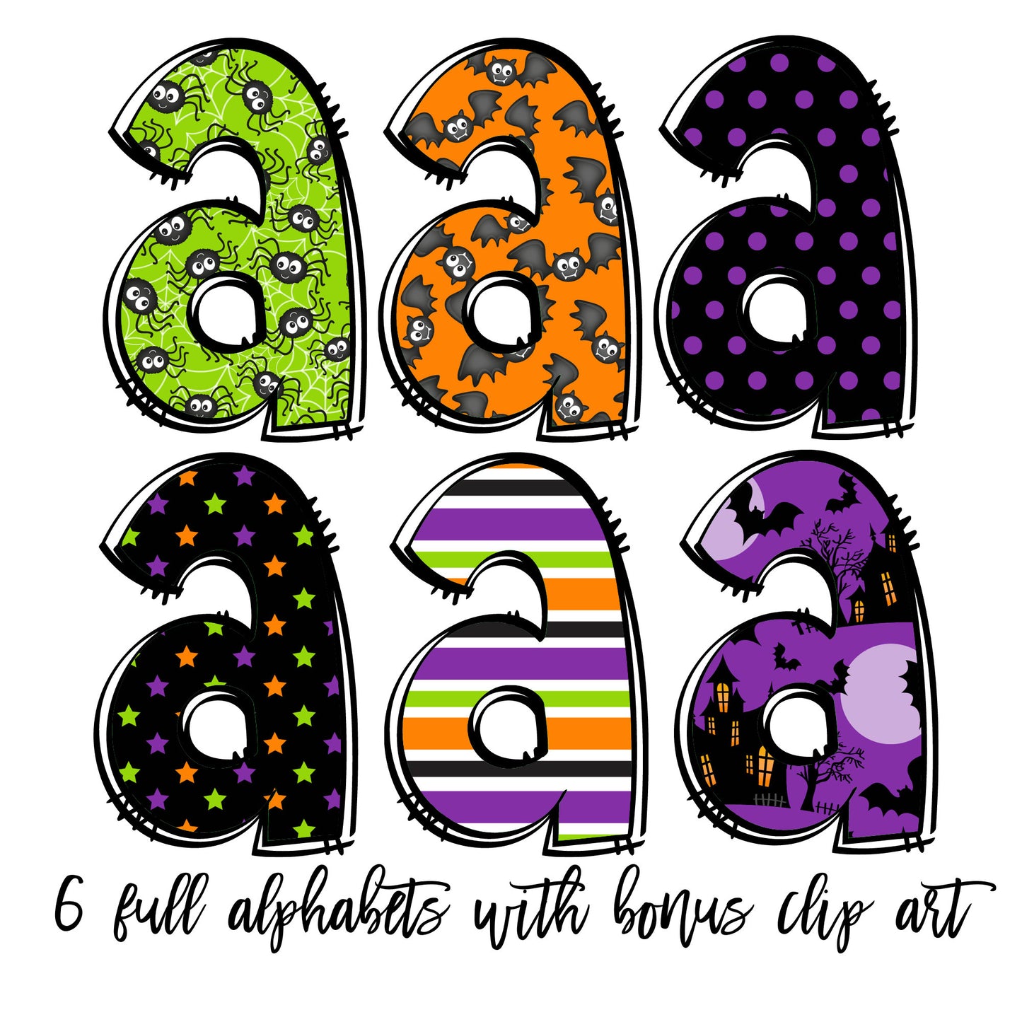 Halloween Doodle letters with Clip Art PNG Files, Make your own Name, Doodle Alpha Bundle, Halloween Clipart Alphabet Doodle Set PNG