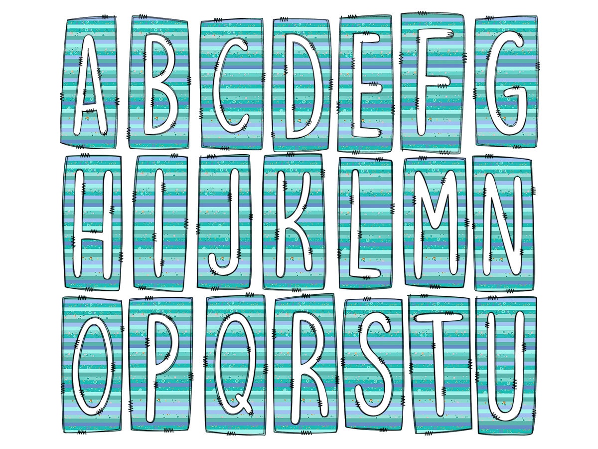 Blue Tripe Turquoise Box Doodle Letters, Western Hand Drawn Doodle Alphabet Set, Sublimation Designs PNG - 1400