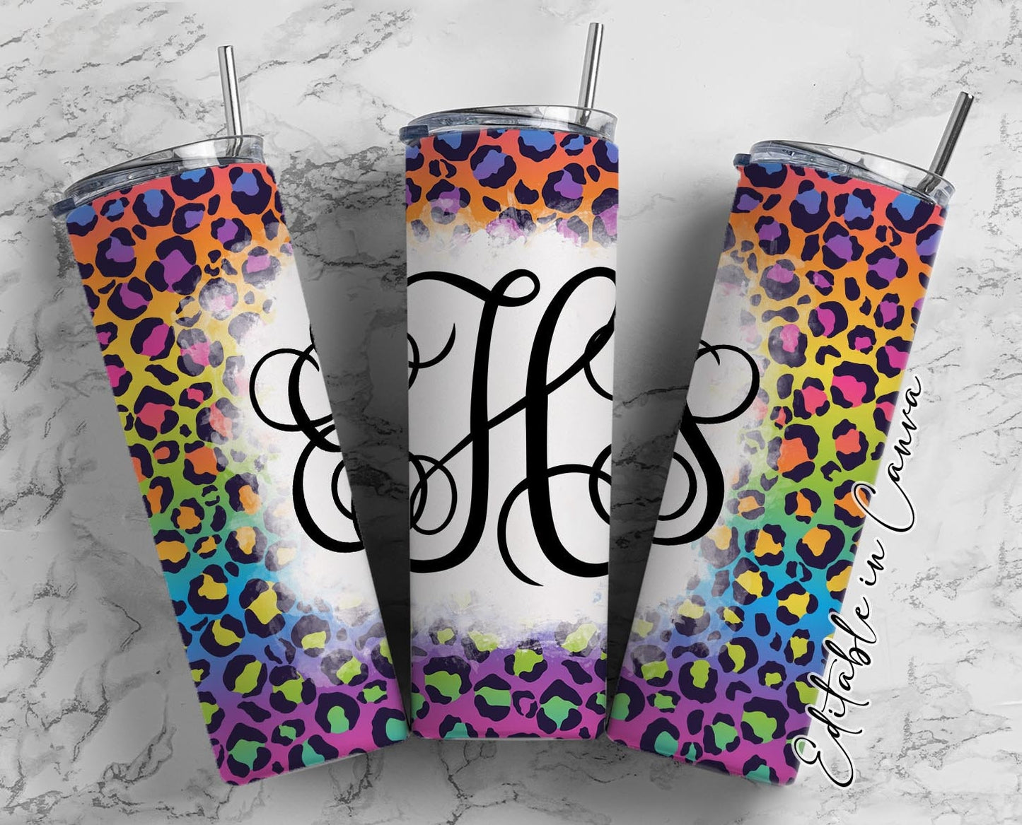 EDITABLE Rainbow Cheetah Monogram 20oz Straight Tumbler Wrap Designs, Make Your Own Custom Peronalized Design, Easy Canva Tempalte