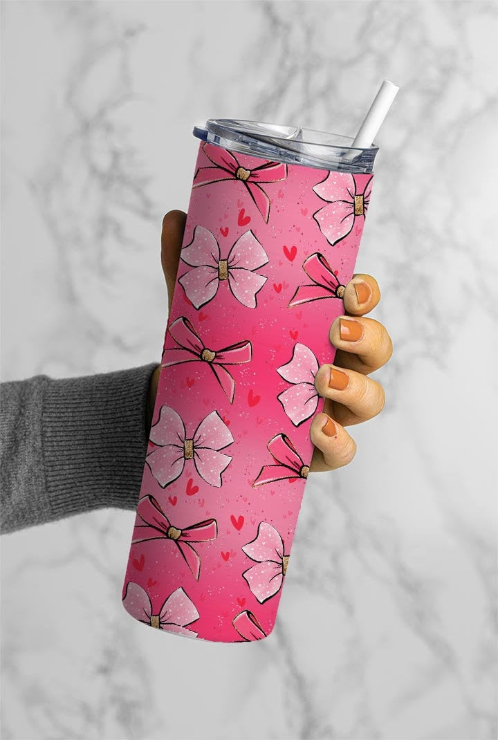 Pink Ribbon Bow 20oz Tumbler Wrap, Seamless Skinny Tumbler, Sublimation Design PNG - 1838