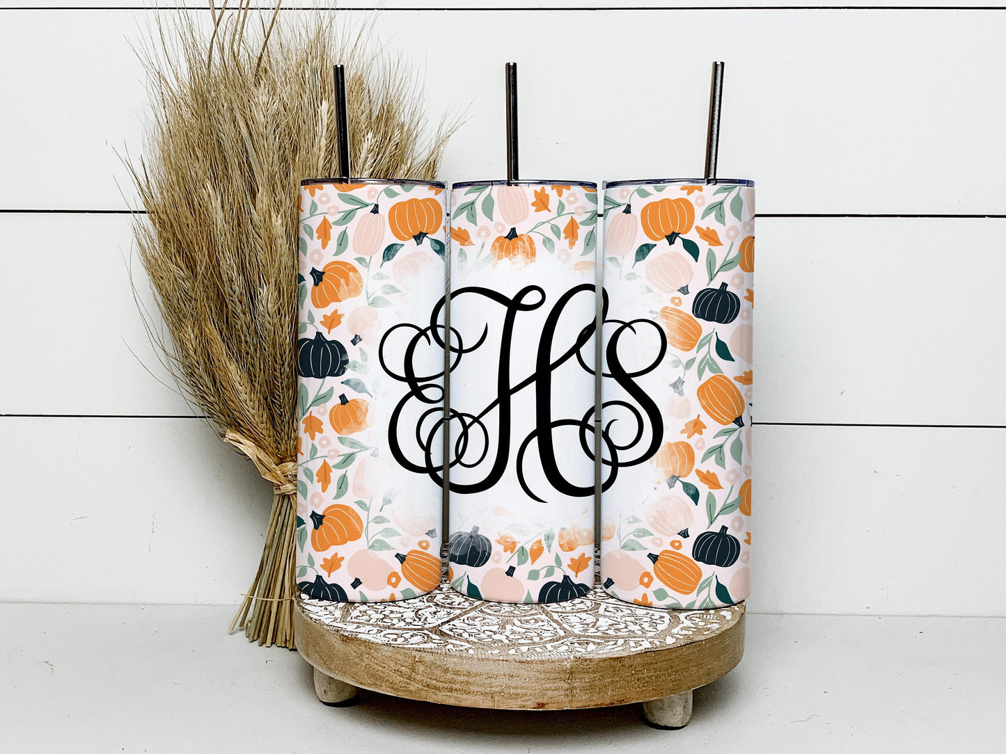 EDITABLE Thanksgiving Monogram 20oz Straight Tumbler Wrap Designs, Make Your Own Custom Peronalized Design, Boho Pumpkins, Canva Tempalte