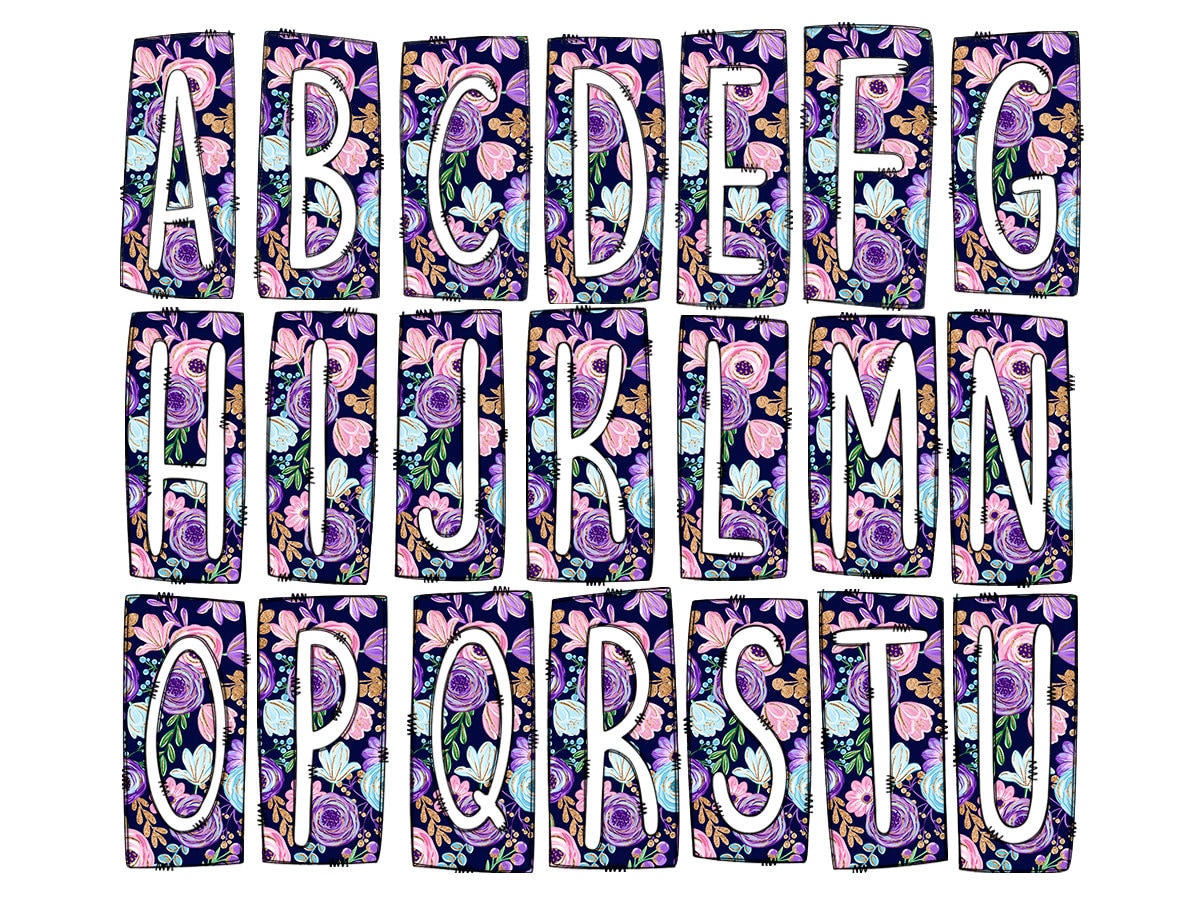 Purple Floral Ocean Shells Box Doodle Letters, Western Hand Drawn Doodle Alphabet Set, Sublimation Designs PNG - 156