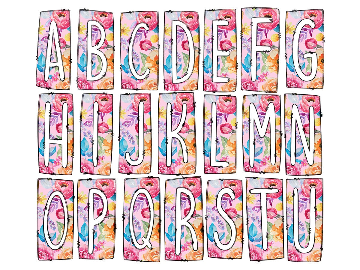 Pink Watercolor Floral Box Doodle Letters, Western Hand Drawn Doodle Alphabet Set, Sublimation Designs PNG - 1229