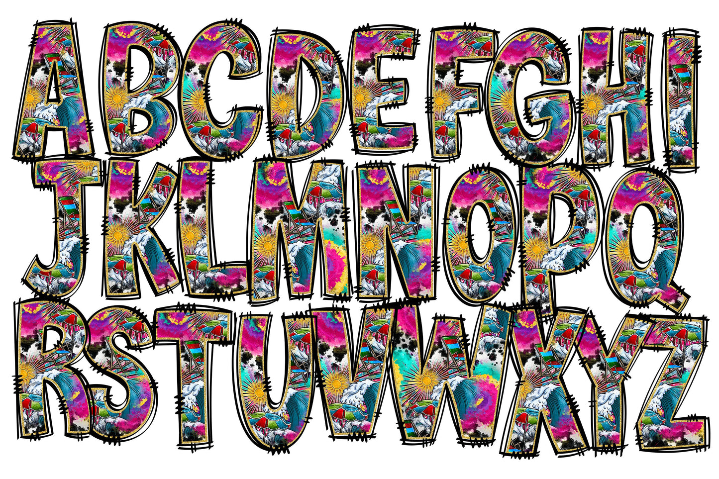 Summer Alphabet Letters PNG Bundle, Beach Tie Dye Doodle Letters, Hand Drawn Alphabet Doodle, Sublimation Alpha Set Designs PNG