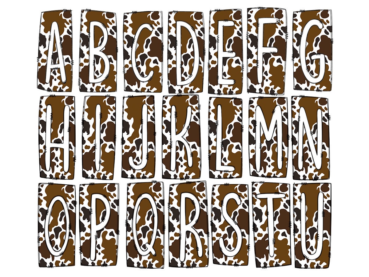 Brown Cowhide Cow print Box Doodle Letters, Western Hand Drawn Doodle Alphabet Set, Sublimation Designs PNG - 446 PATTERN