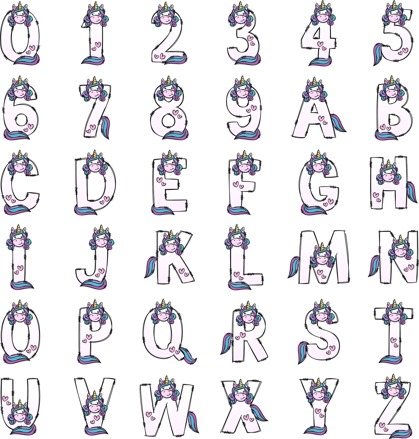 Unicorn Alphabet Letters PNG Bundle, Unicorn Doodle Letters, Hand Drawn Alphabet Doodle, Sublimation Little Girls Alpha Set Designs PNG