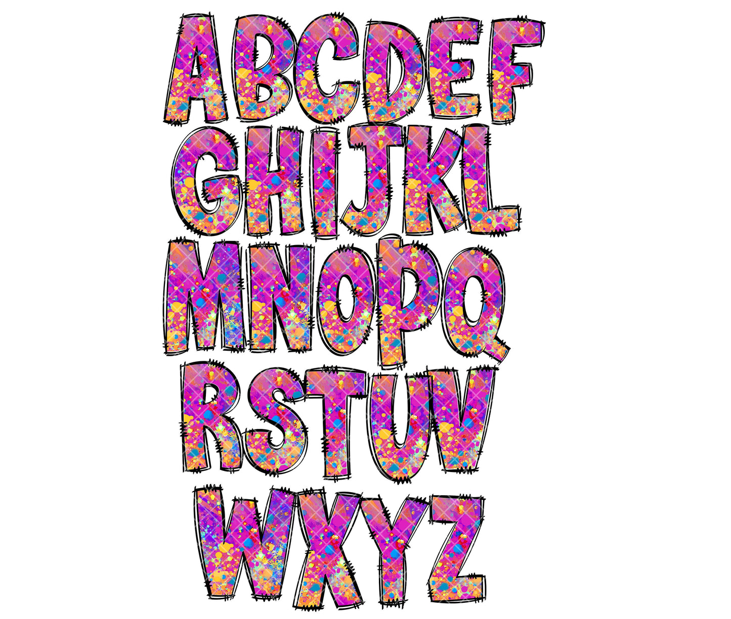 Rainbow Splatter Doodle letters, Hand Drawn Doodle Alpha Bundle Patterned Numbers & Alphabet Doodle Set Sublimation Font PNG