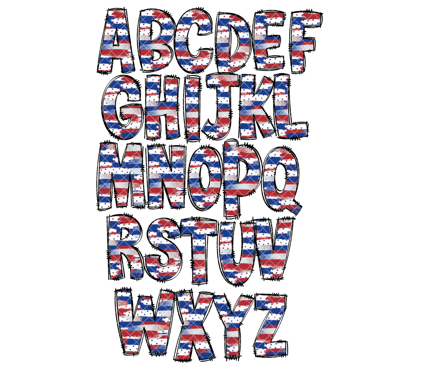 USA Red White Blue Doodle letters, Hand Drawn Doodle Alpha Bundle, Sublimation Font PNG, Patterned Numbers & Alphabet,