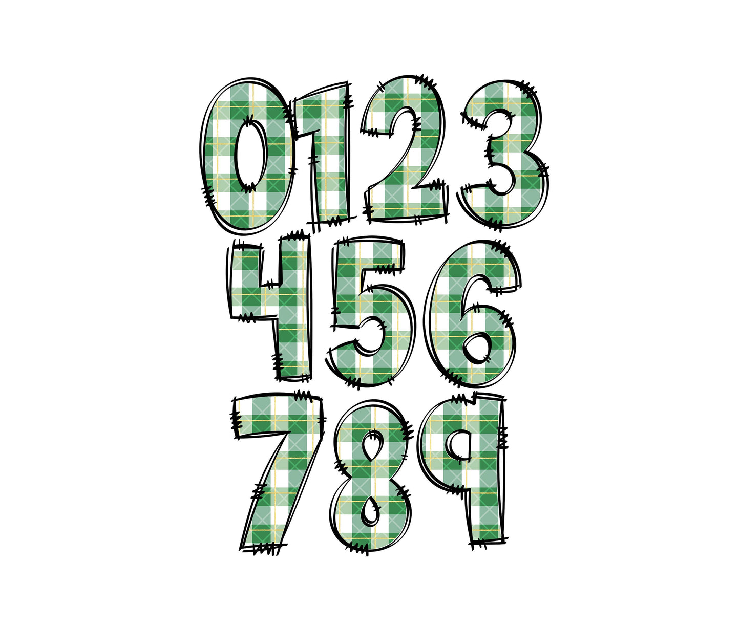 Gingham Green Doodle letters, Plaid Hand Drawn Doodle Alpha Bundle, Sublimation Font PNG, Patterned Numbers & Alphabet,