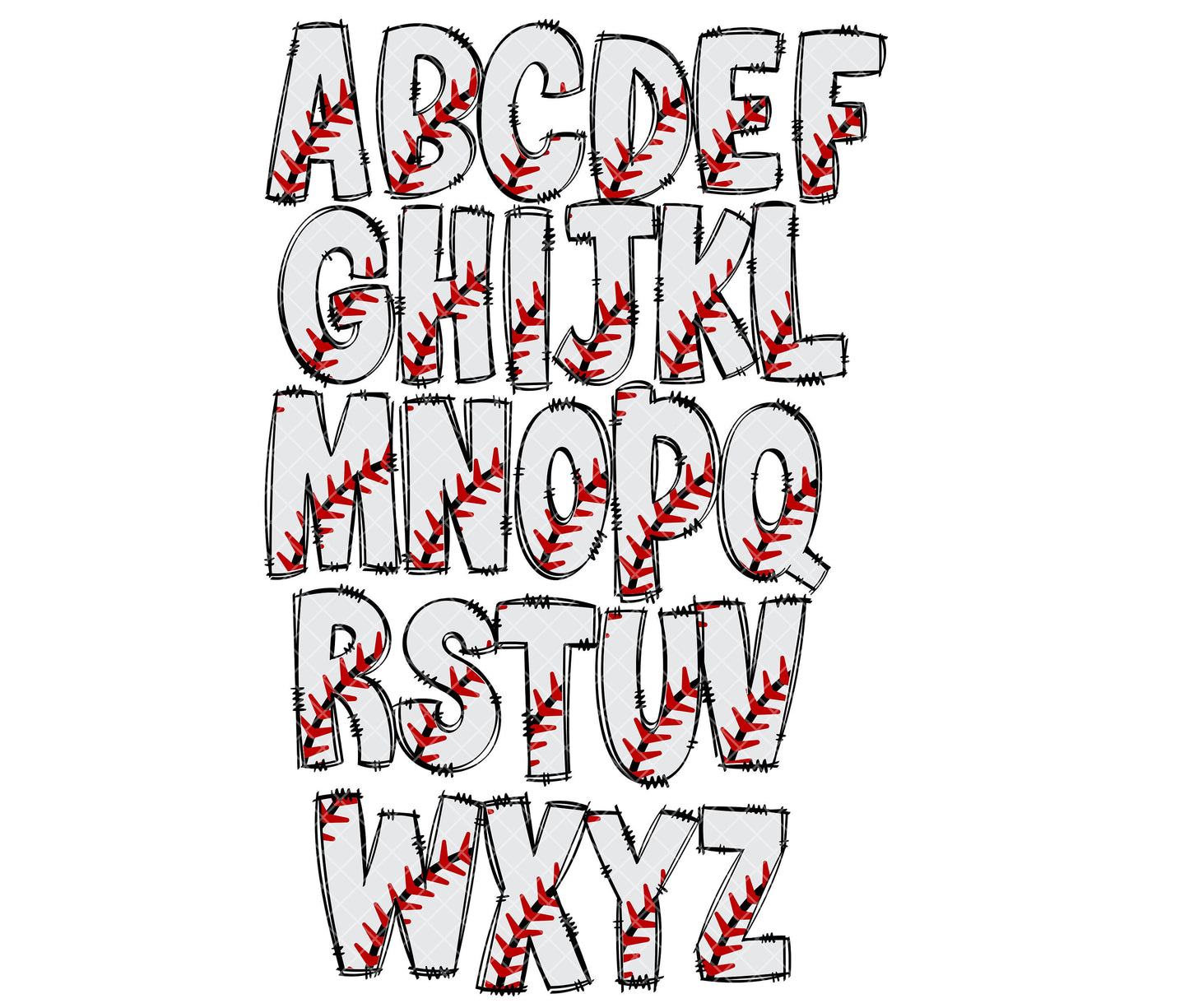 Baseball Alphabet Letters PNG Bundle, Baseball Sports Doodle Letters, Hand Drawn Alphabet Doodle, Sublimation Alpha Set Designs PNG