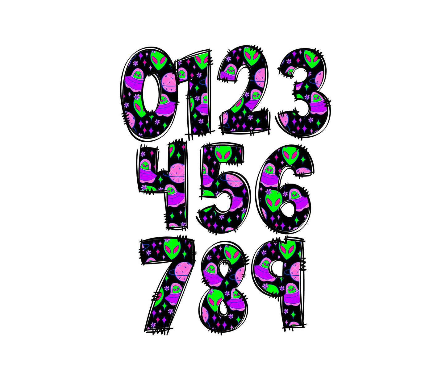 Alien Retro Neon Doodle letters, Hand Drawn Doodle Alpha Bundle, Sublimation Font PNG, Patterned Numbers & Alphabet,