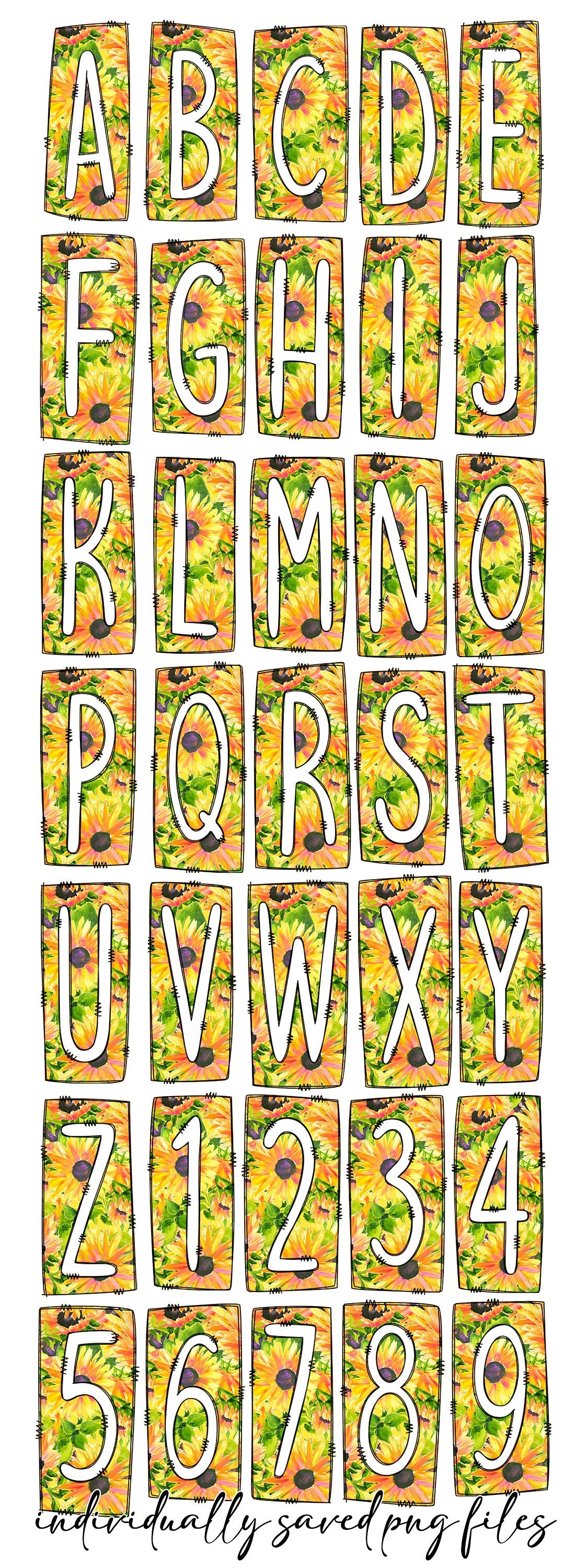 Sunflowers Box Doodle Letters, Western Hand Drawn Doodle Alphabet Set, Sublimation Designs PNG - 1839