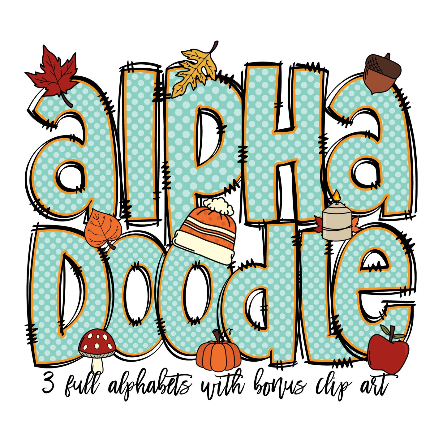 Fall Doodle letters with Clip Art, Hand Drawn Doodle Alpha Bundle, Autumn Leaves Pumpkin Sublimation Font PNG, Patterned Numbers Alphabet,