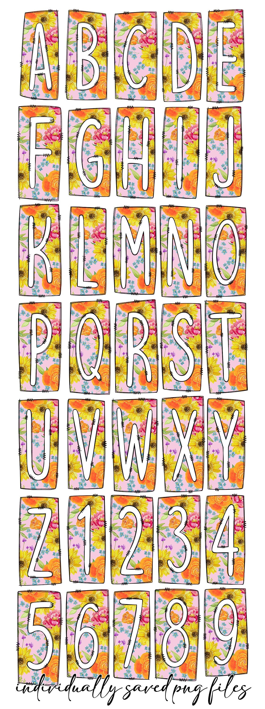 Spring Yellow Pink Flowers Box Doodle Letters, Western Hand Drawn Doodle Alphabet Set, Sublimation Designs PNG - 1071