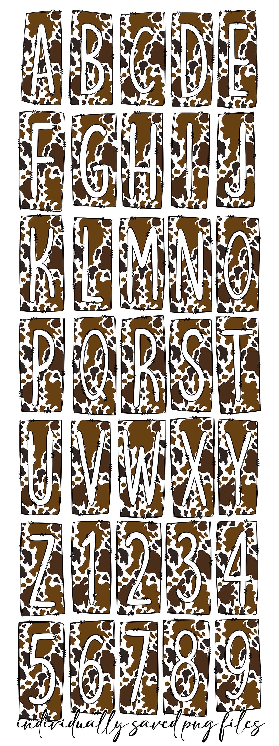 Brown Cowhide Cow print Box Doodle Letters, Western Hand Drawn Doodle Alphabet Set, Sublimation Designs PNG - 446 PATTERN