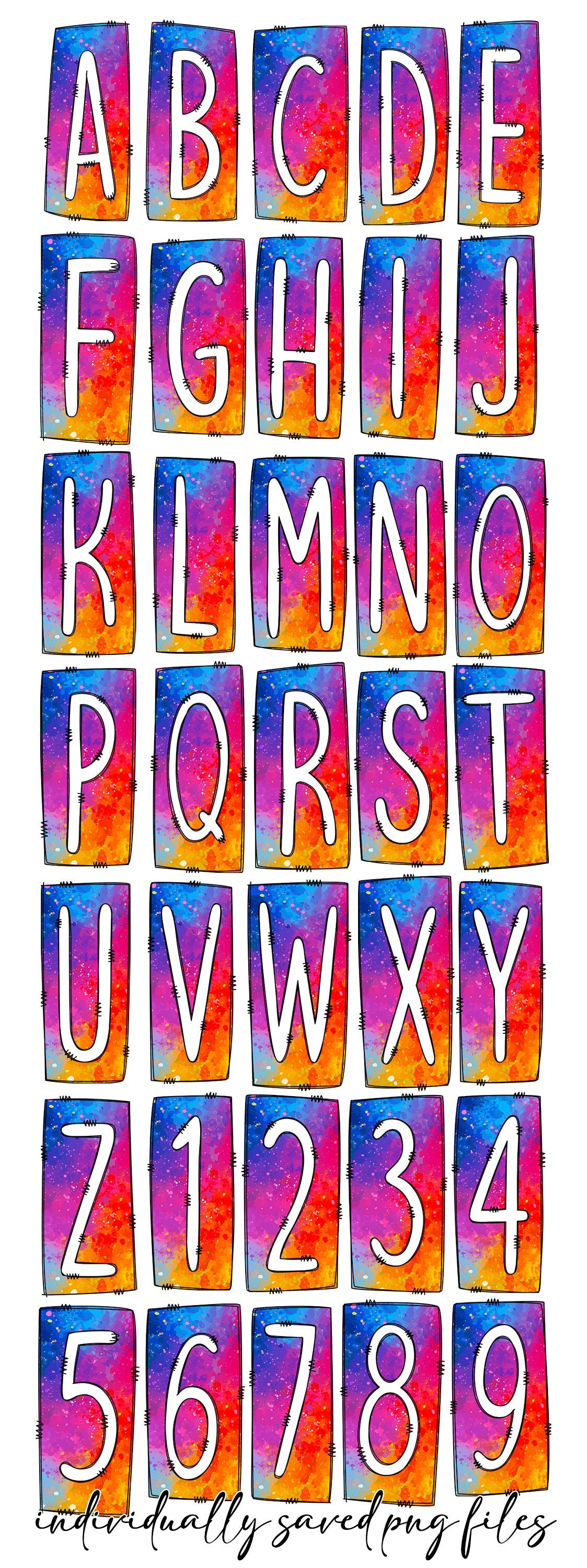 Rainbow Ombre Bright Box Doodle Letters, Western Hand Drawn Doodle Alphabet Set, Sublimation Designs PNG - 17 PATTERN