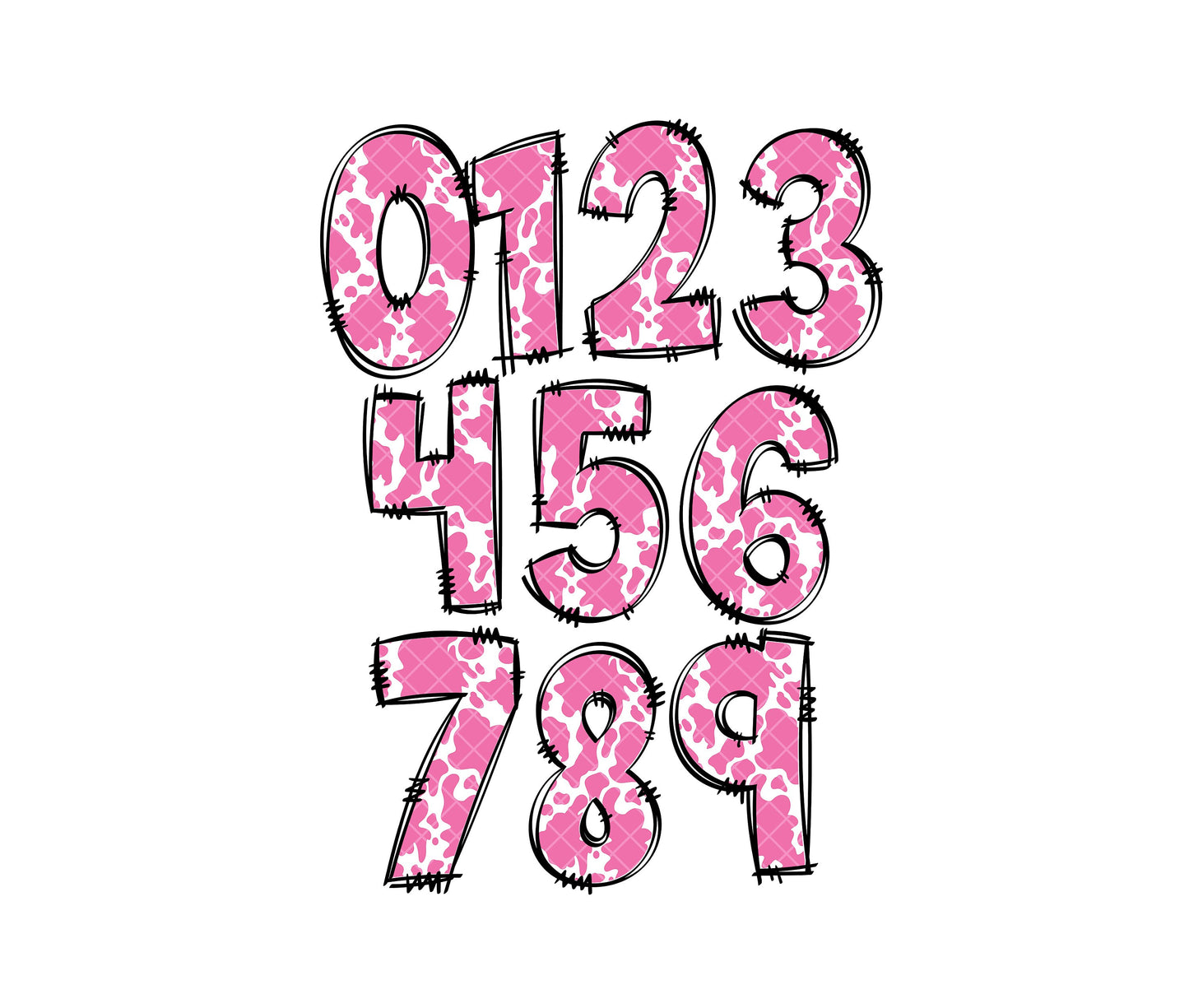 Pink Cow Strawberry Cow Print Doodle letters, Hand Drawn Doodle Alpha Bundle, Sublimation Font PNG, Patterned Numbers & Alphabet, 67 PATTERN