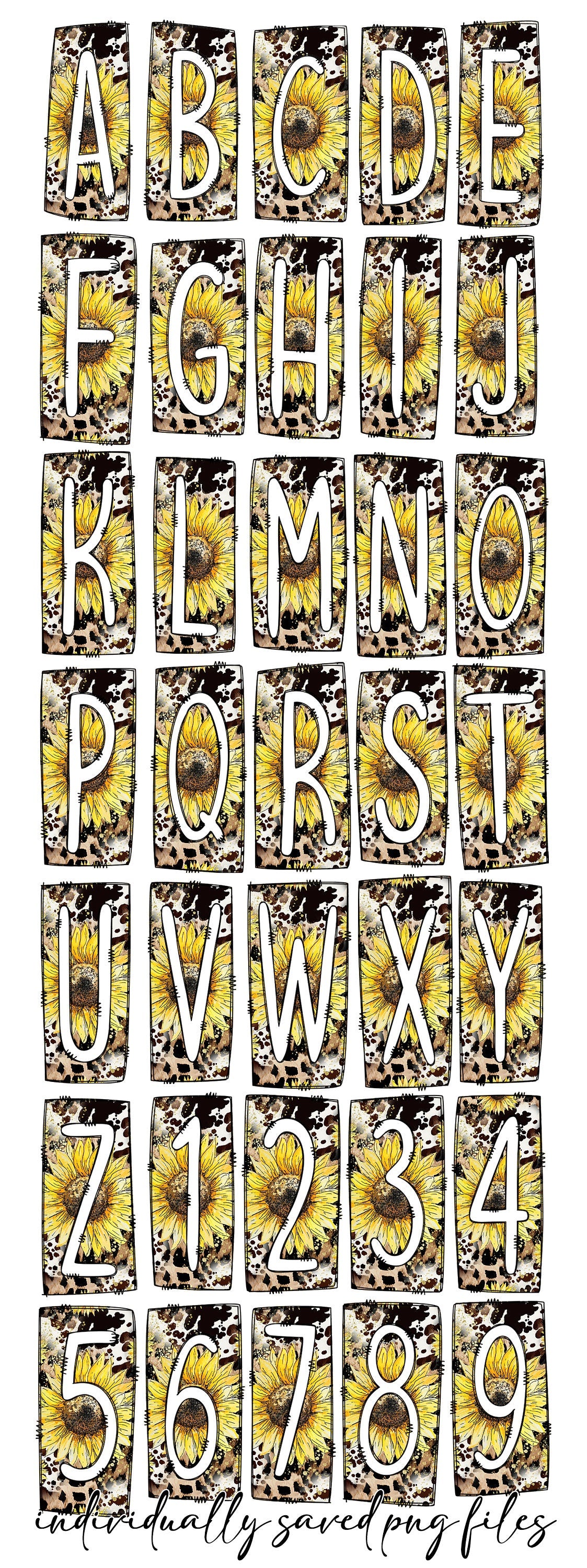 Cowhide Country Sunflower Box Doodle Letters, Western Hand Drawn Doodle Alphabet Set, Sublimation Designs PNG - 81 PATTERN