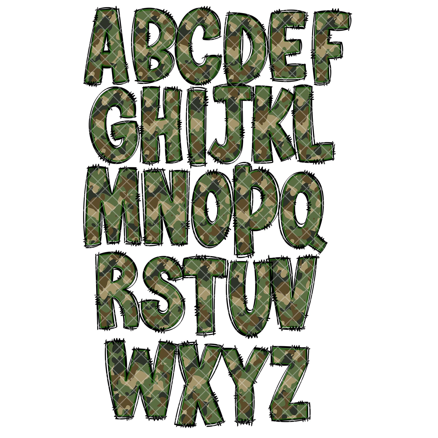 Camo Doodle Alphabet Letters PNG Bundle, Military Camouflage, Army Letters, Design Hand Drawn Doodle, Sublimation Alpha Set Designs PNG